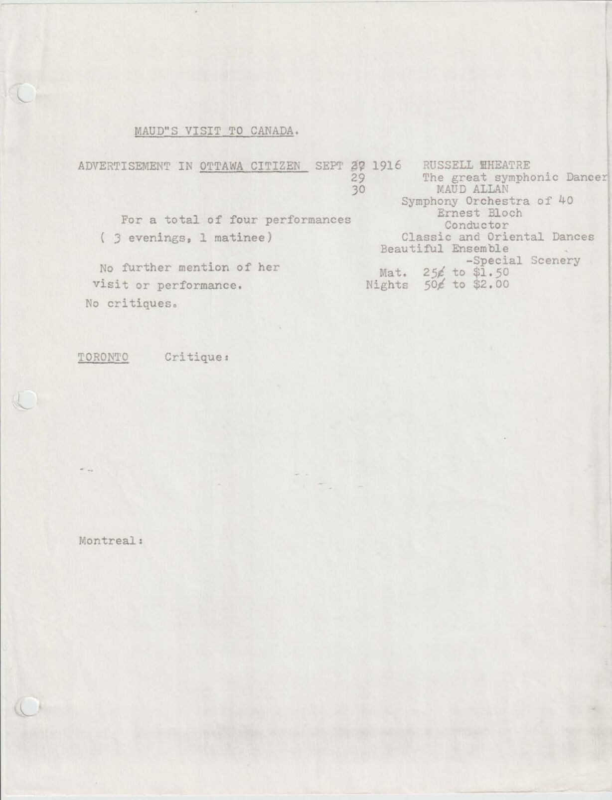 Maud Allan Schedules and Performance Dates / Horaires et dates de représentation de Maud Allan