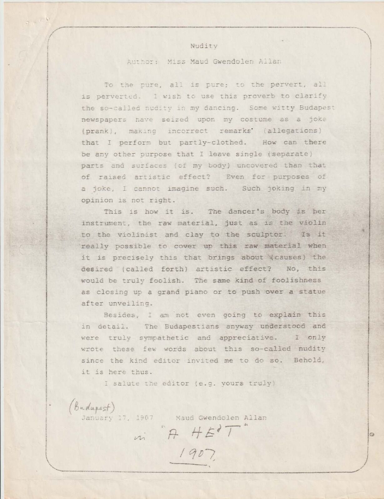 Maud Allan's Writing / Des écrits de Maud Allan